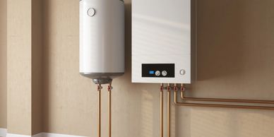 Modern white boiler and water heater mounted on a beige wall with copper pipes.