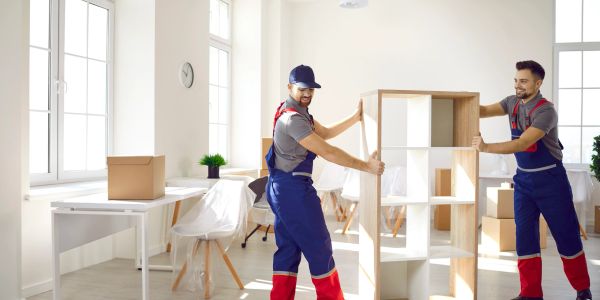 Two movers carrying a wooden shelving unit in a bright room.