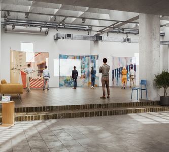 People viewing art in a modern gallery space.