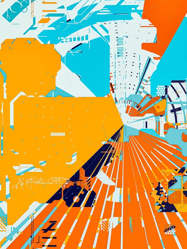 Abstract digital art with orange, blue, and white geometric shapes.