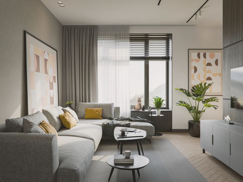 Modern apartment interior. 3D generated image. Wall artworks are my own images and are just 3D renders as well.