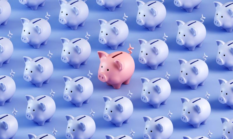 3D illustration featuring a seamless pattern of blue piggy banks with one distinct pink piggy bank, symbolizing uniqueness, financial independence, and standing out in savings and investment.