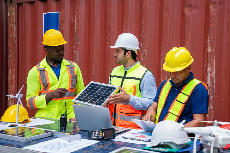 Portrait of team engineer working on solar panel and his blueprints with Solar photovoltaic equipment on construction site. Success teamwork