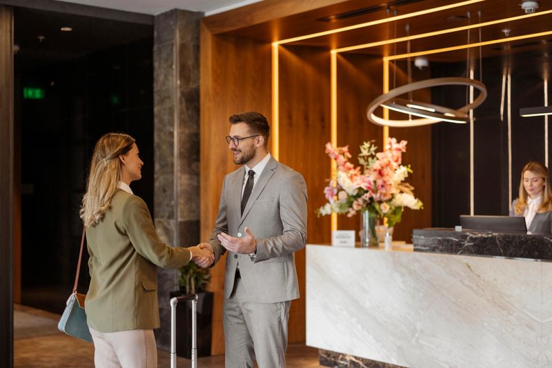 Two business people making handshake in hotel