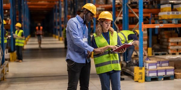 Two warehouse workers reviewing a clipboard.