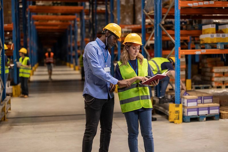 Two warehouse workers, dressed in safety vests and hard hats, diligently checking inventory with a notebook in a spacious distribution center, ensuring organization and efficiency
