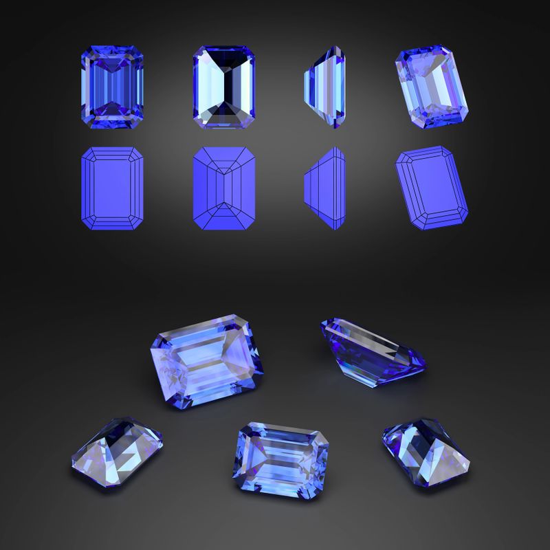 Demonstration of blue emerald-cut sapphire from different angles. Scheme of cutting. Scattering of gemstones. Black background. 3d rendering.