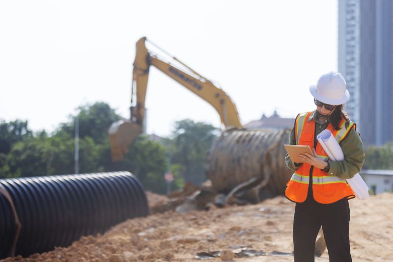 A female engineer wearing a safety vest and hard hat inspects a construction site with large drainage pipes and an excavator in the background. She holds blueprints and a tablet, documenting progress