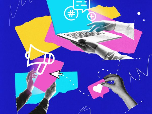 Hands interacting with digital icons and a laptop against colorful abstract shapes.