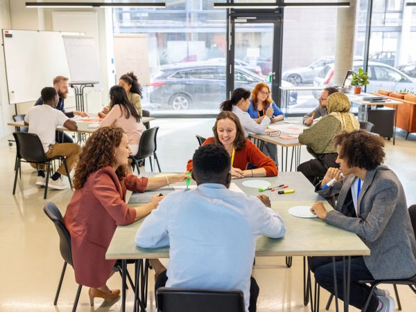 People collaborating in a modern office space.