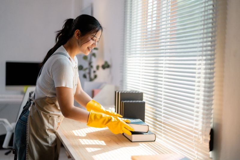Cheerful housekeeper cleaning wooden table with yellow gloves, organized books gleaming in soft sunlight