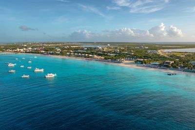 Photo of blue Caribbean water with the beach in the background. 