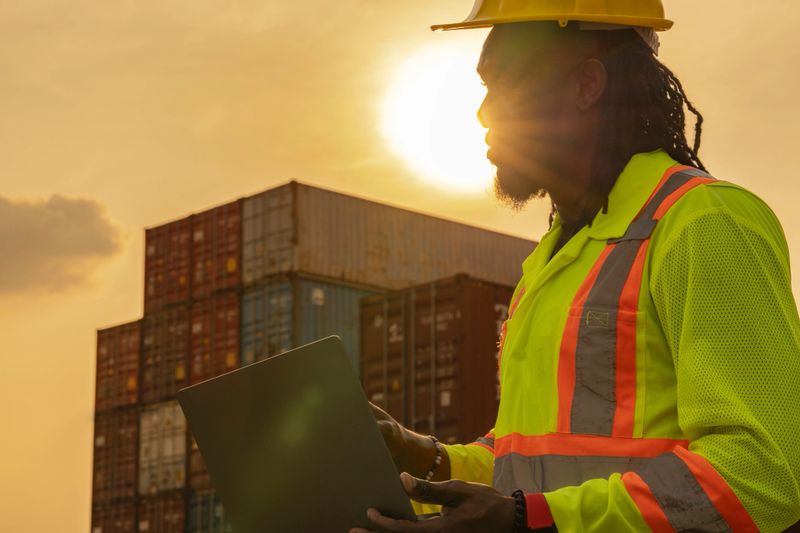 African logistics workers man cheking on site area operations at a busy shipping container yard at sunset. successful coordination in freight, transportation, and supply chain operations