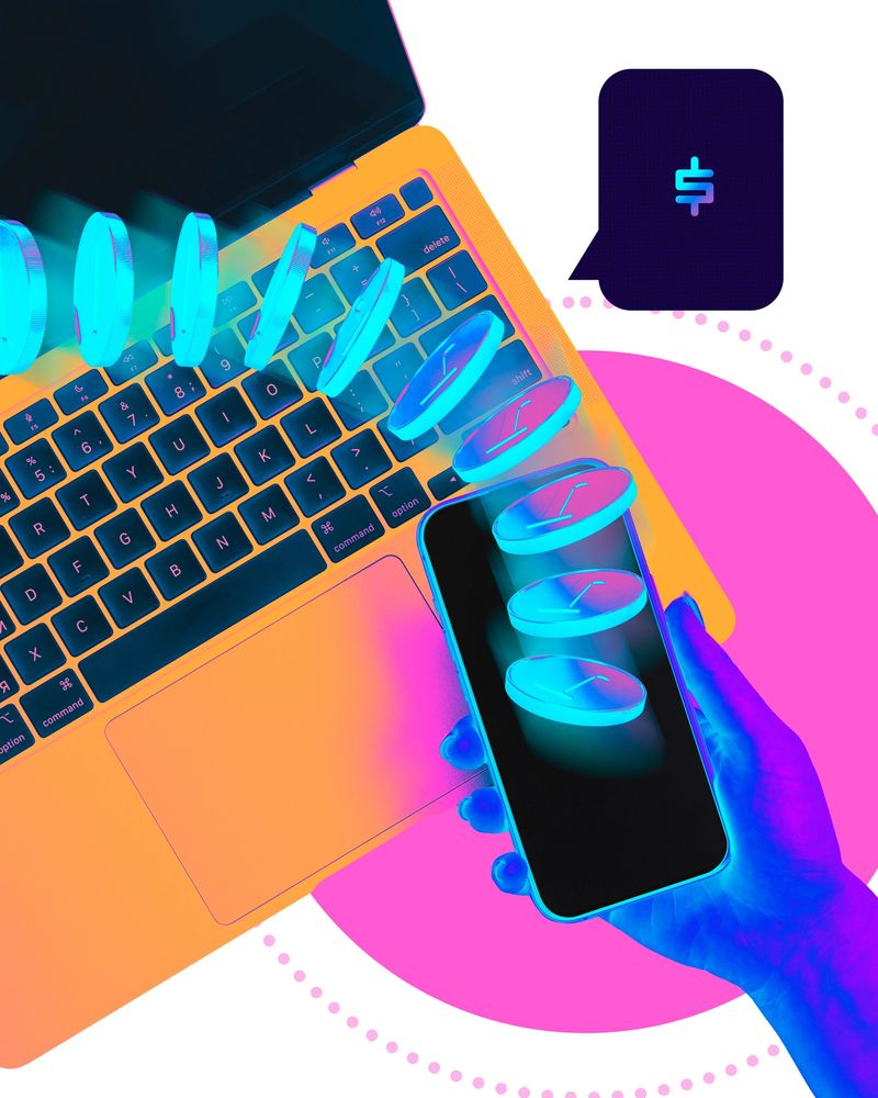 Modern art collage. Coins transferring between laptop and smartphone, visualizing seamless digital payments in cashless economy. Concept of fintech, online transactions, mobile banking, finance.