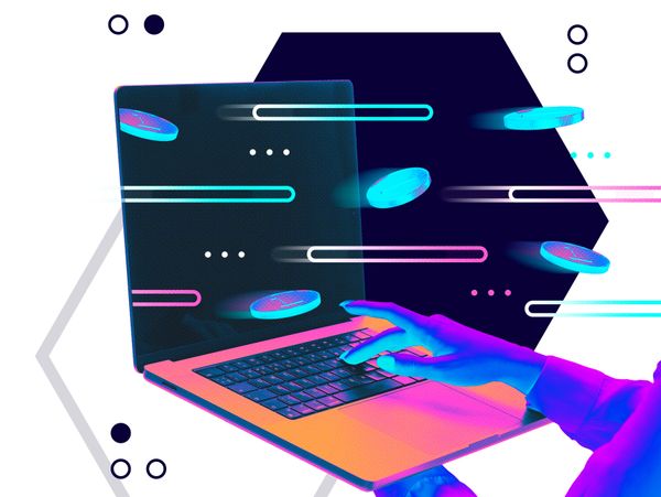 Hand interacts with laptop surrounded by digital coins and neon effects.