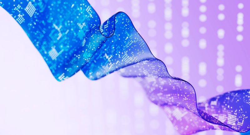 3D illustration of a flowing blue digital fabric with embedded circuit patterns and glowing data points, symbolizing data fabric, analytics, artificial intelligence, data science, and digital transformation.