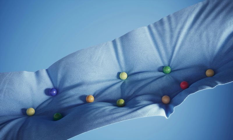 Multi colored spheres rolling on a wavy blue fabric symbolizing teamwork, data flow concepts. (3d render)
