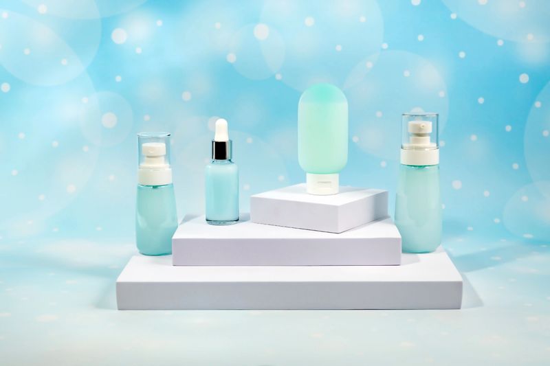 Cosmetic containers without labels are displayed on a white podium. A stage for advertising a cosmetic base.