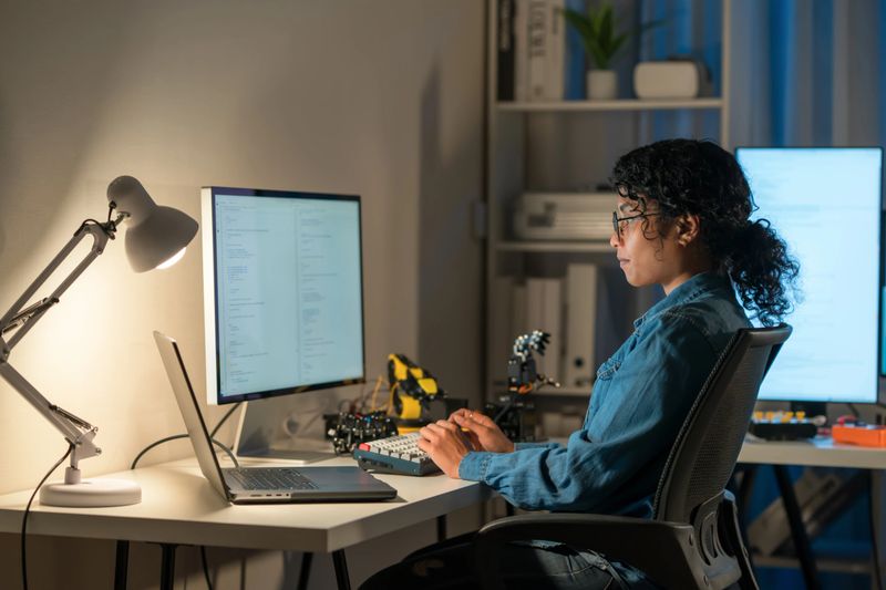 Professional commanding robotic systems through precise coding, highlighting the future of intelligent automation.