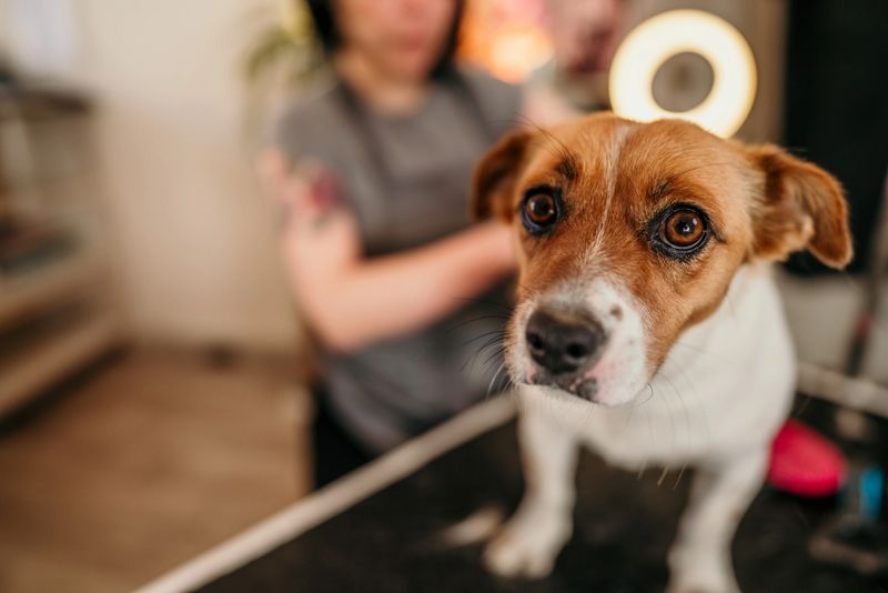 Adorable jack russell terrier sitting patiently on a grooming table, waiting for its turn, with a blurred groomer working in the background, showcasing the love and care of pet grooming