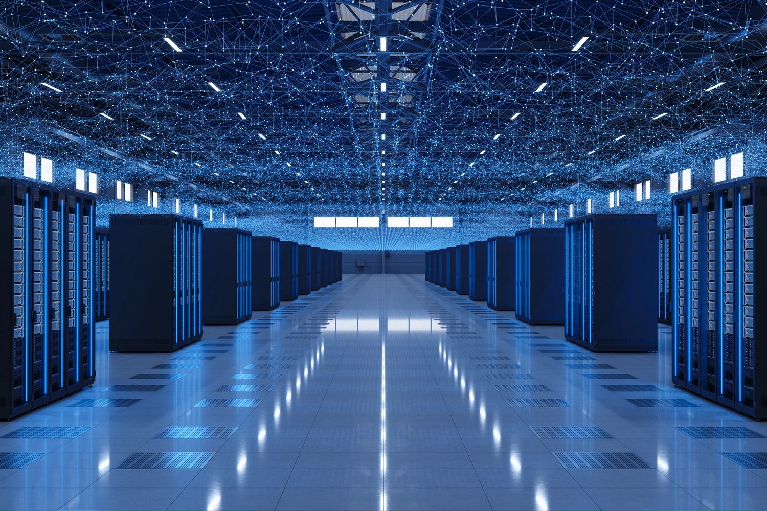A futuristic data center with rows of server racks and a digital network overlay.