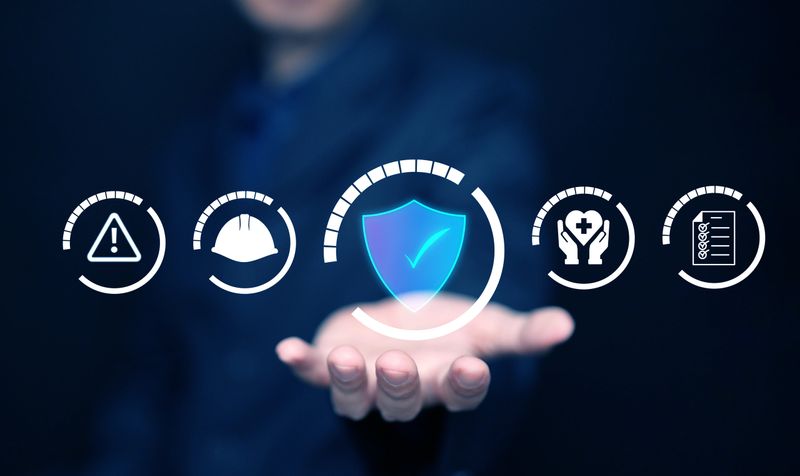 Work safety and compliance. A man with safety first icons, including a shield, warning sign, checklist, helmet, and healthcare symbol.