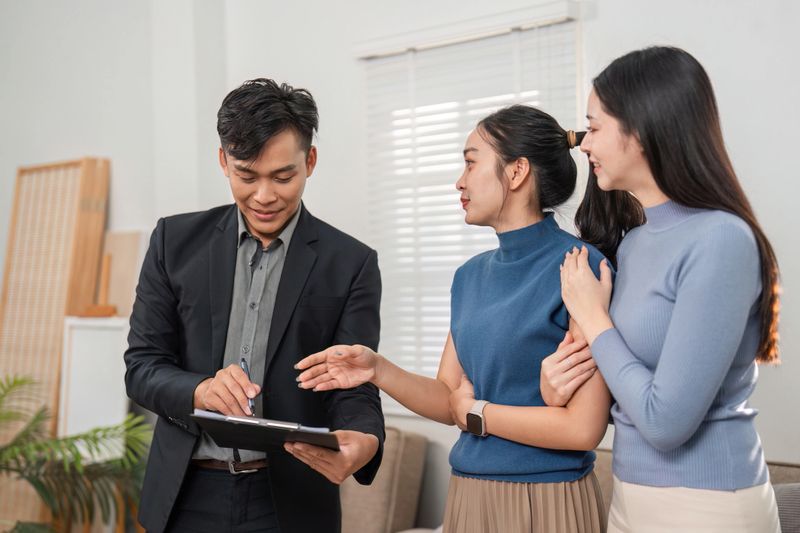 A professional real estate agent engages with two potential buyers, showcasing property features in a stylish living space.