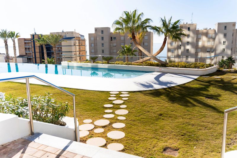 Modern rooftop swimming pool with a view of the city and the sea, surrounded by palm trees and buildings, offering a luxurious and relaxing experience