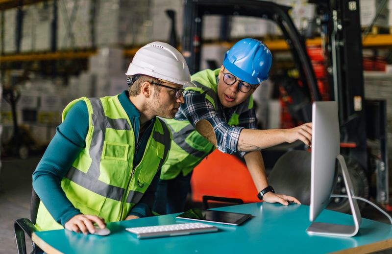 Two warehouse workers wearing safety helmets and high-visibility vests analyze data on a desktop computer in an industrial warehouse setting. One worker is pointing at the screen while the other listens attentively. In the background, a forklift and stacked inventory indicate a busy logistics and supply chain environment