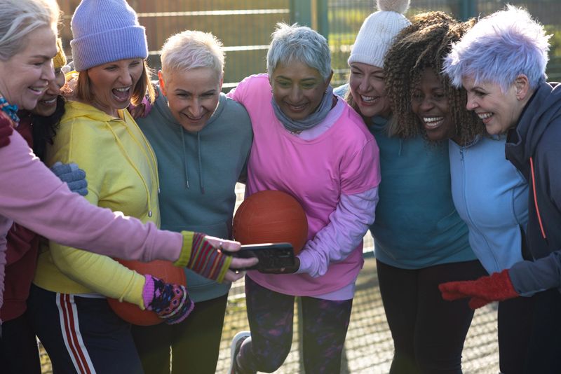 A diverse group of mature women are laughing at a selfie they have taken together on a sports court during a cold, sunny day. The women are all laughing with each other. They are dressed in warm sports clothing on a sunny winter's day in Northumberland, North East England.

Videos of this scenario are available