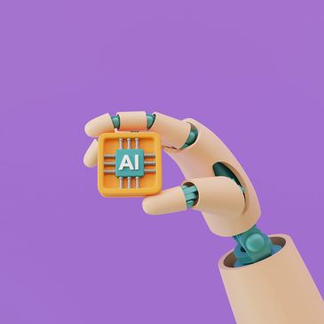 Robotic hand holding an AI microchip against a purple background.