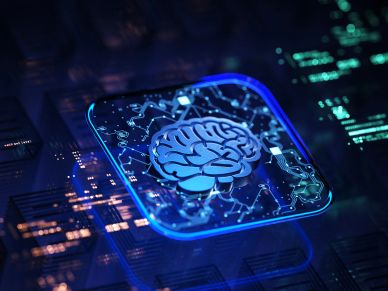 Glowing AI brain chip on circuit board.