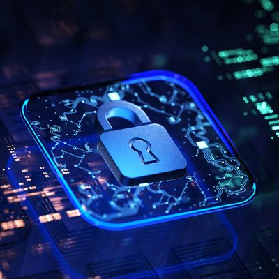 A glowing digital lock symbolizing cybersecurity on a futuristic circuit board.