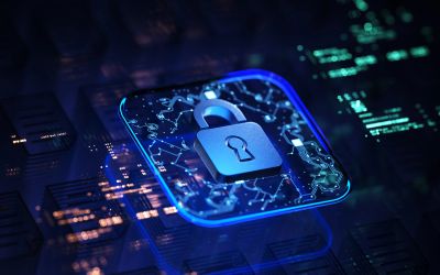 Digital padlock on a circuit board representing cybersecurity.