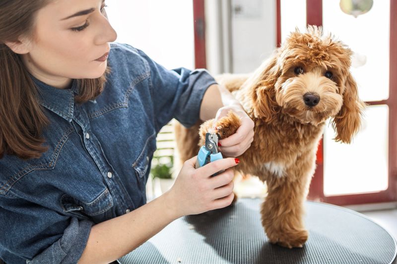 Cute poodle dog getting nails clipped in the dog grooming salon