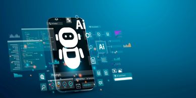 Smartphone displaying an AI chatbot interface with digital data and AI assistant icons.