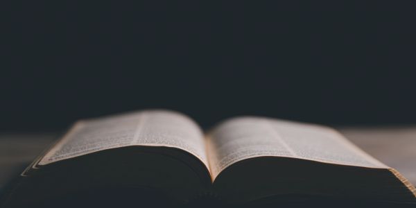 An open book lies on a surface with a dark background.