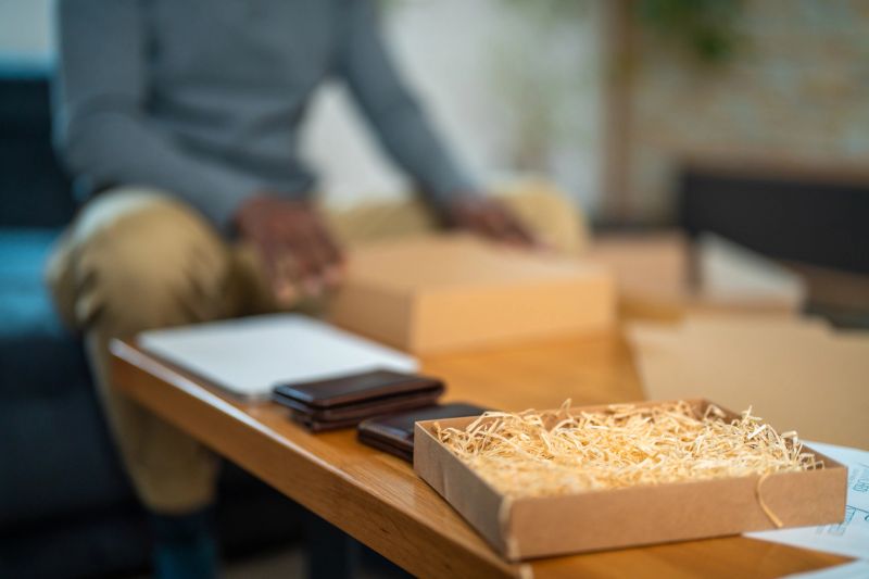 Mid adult Black male sitting at a wooden table, carefully packing small business products in cardboard boxes with shredded paper filling at home.