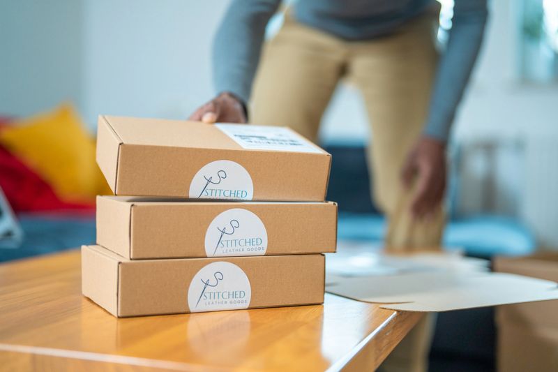 A mid adult Black male focuses on packing products for his small business in a warm, well-lit living room with cardboard boxes and colorful decor.