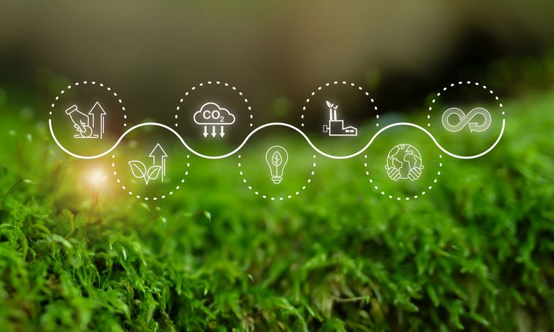 Climate finance and green investment concept. Eco-friendly finance icons on greenery background, representing climate finance, financial innovation in supporting environmental sustainability.