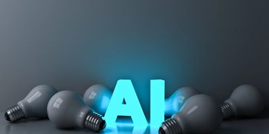 Glowing blue AI letters surrounded by unlit gray light bulbs.