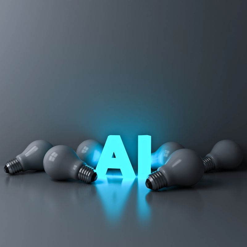 AI technology innovation glowing among dim idea light bulbs business concepts with blank space creative idea conceptual 3D rendering