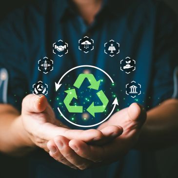 Manos sosteniendo símbolo de reciclaje con iconos ambientales.