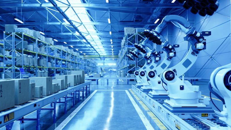 A row of robotic arms assembling and sorting packages under blue-toned lighting in a high-tech warehouse.