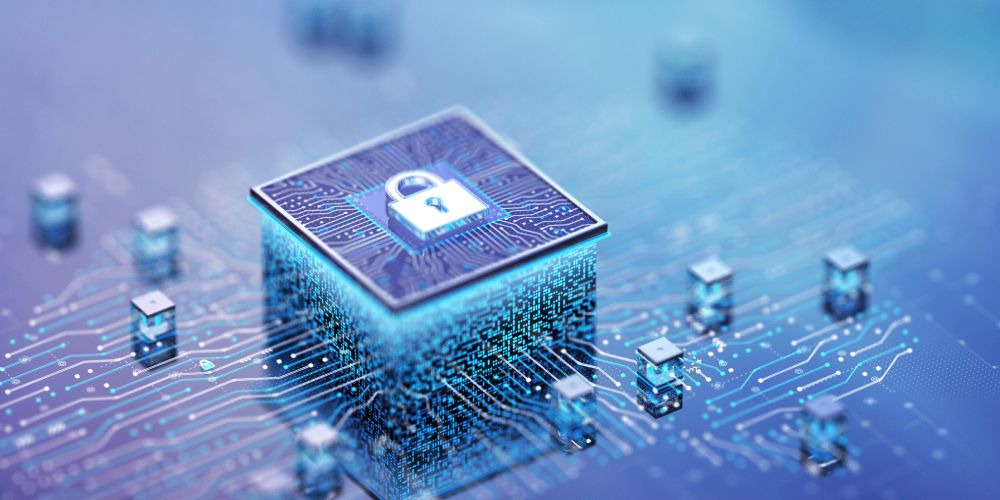 A digital lock symbol on a glowing circuit board cube representing cybersecurity.