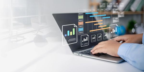 Person using laptop with digital project management charts overlay.