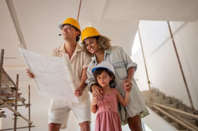 Family standing multi-story building under construction excitement and blueprint envisioning their future home planning, and  dream of homeownership discussion about the future possibilities of the space, reflecting a significant life milestone