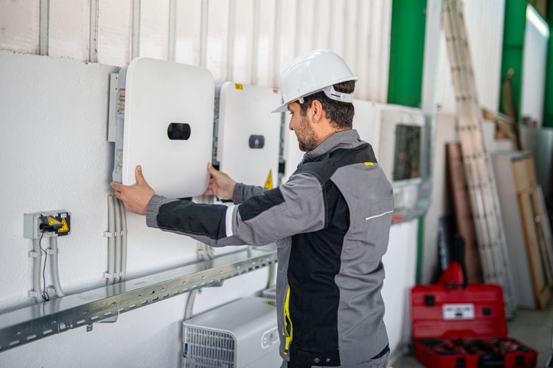 Electrician installing solar panel system, wiring inverter and electric box