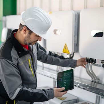 Worker inspects electrical equipment with a tablet.