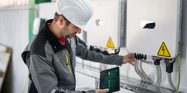 Technician working on electrical equipment with a tablet.